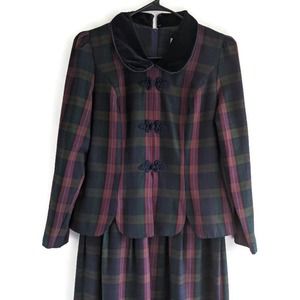 Vintage 90s Plaid Dress 6 Velvet Peter Pan Collar Dark Red Navy Blue Wool-Look
